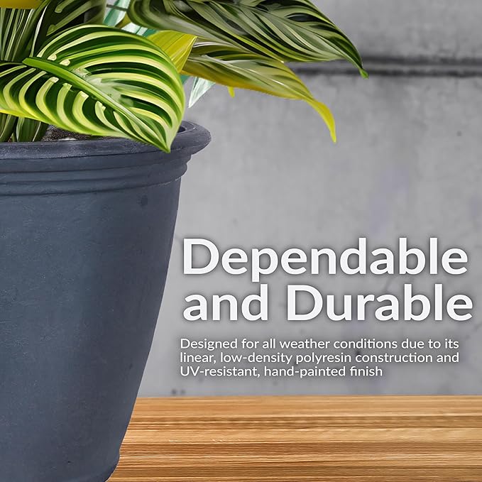 Sunnydaze 24-Inch Anjelica Large Plastic Pot for Plants - Double-Walled Outdoor Polyresin Round Planter Porch Pot with Drillable Drainage Holes - Slate - 3pk