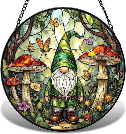 Stained Glass Window Hanging Suncatcher, Forest Gnome Sun Catcher with Mushroom & Butterfly, Stained Glass Home Decor Gift for Women Gardeners & Fantasy Lovers GN05