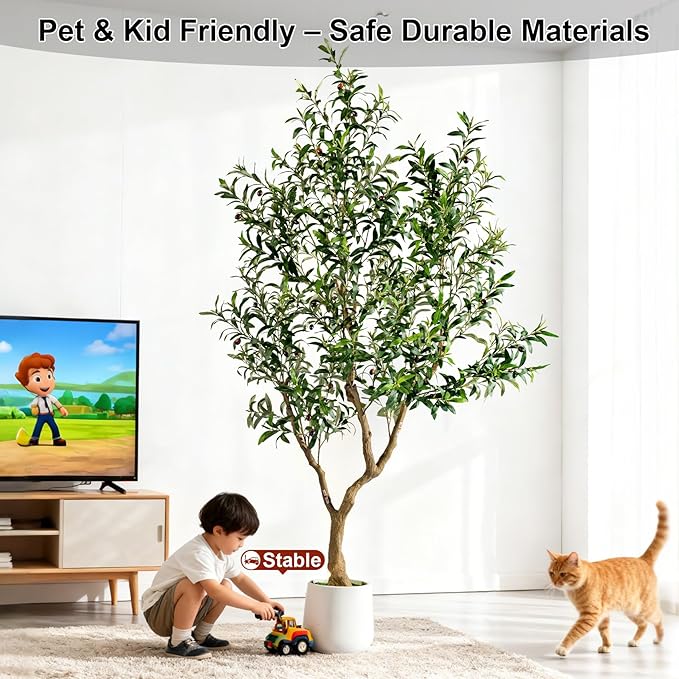 7FT Faux Olive Tree with Tall Exquisite Planter Artificial Olive Tree Tall, Potted Fake Olive Plant with 1710 Real Touch Leaves, Indoor Outdoor Home Garden Office Decor
