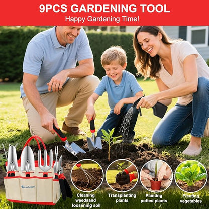 Yesker Gardening Tools 9-Piece Heavy Duty Garden Tool Set Gardening Supplies Gifts for Women Men Gardening Hand Tool Kit with Non-Slip Ergonomic Handle, Garden Bag, Durable Gloves, Spray Bottle, Red