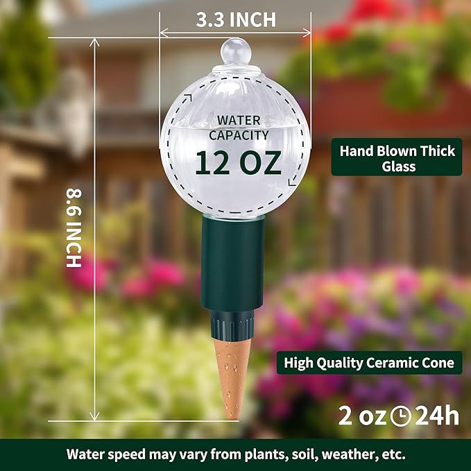 12 oz Plant Watering Globes Top Fill, Clear Glass Water Bulbs with Terracotta Spikes Stake, Vacation Slow Release Self Watering Planter Insert, Automatic Drip Device, 2 Pack