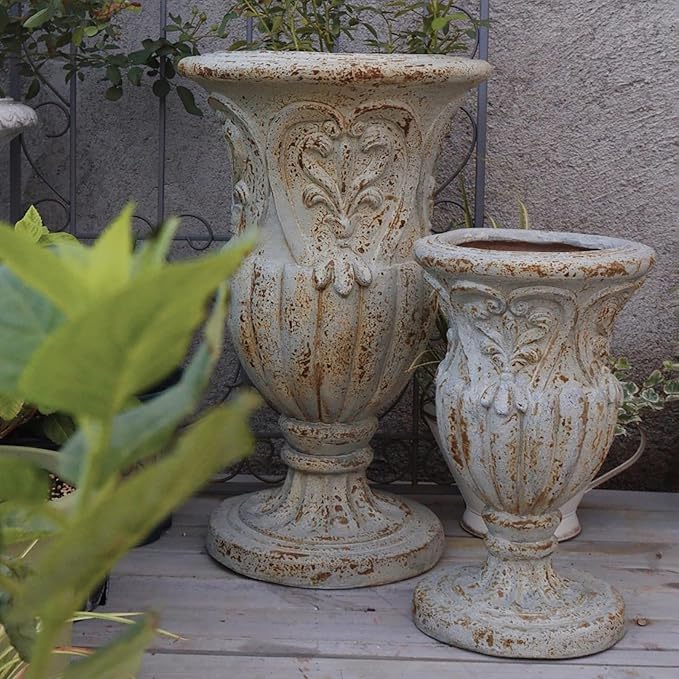 VISIBLE Vintage European Giant Garden Urn Planter, Decorative Cement and Fiber Flower Pot, Make Rust Finished, Wrap Foam Safely Delivered from Local Warehouse (Vintage, Large)