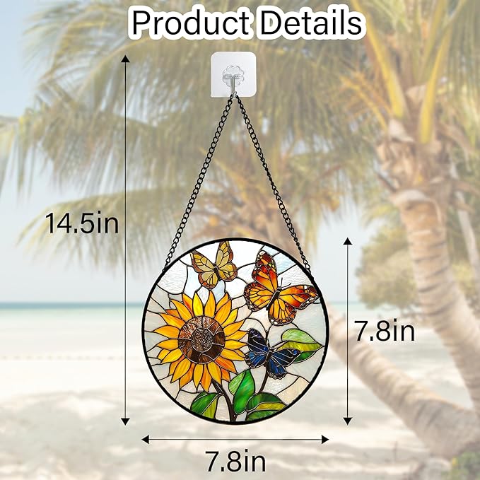 Stained Glass Window Hanging, Butterfly and Sunflowers Sun Catchers Glass Panel Plant Insects Suncatcher Decor for Birthday for Women, Men, Wife, Aunt, and Mom 7.8 in