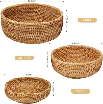 Natural Rattan Round Fruit Basket Bowls, Hand Woven Decor Serving Baskets, Wicker Storage for Dinning Room (Round-Medium)＜8.8''(D) X2.9(H)＞