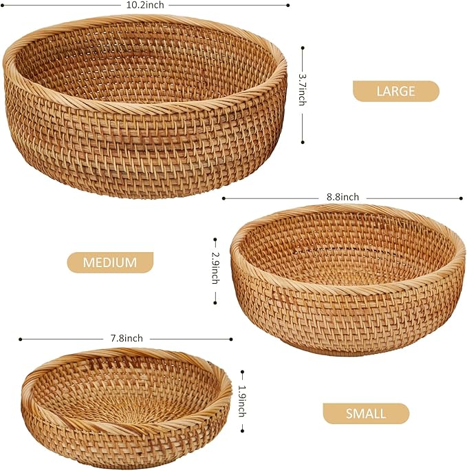 Natural Rattan Round Fruit Basket Bowls, Hand Woven Decor Serving Baskets, Wicker Storage for Dinning Room (Round-Combo)