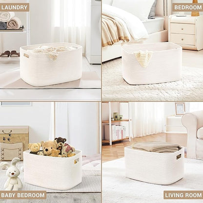 72L Large Baby Girls Laundry Basket for Nursery Storage,Cute Woven cotton Rope Baskets for Kids Toy，Gifts,Boho Square Wicker Blanket hamper for Living Room,Bedroom Dirty Clothes, White