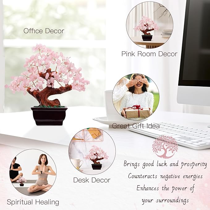 Parma77 Feng Shui Natural Rose Pink Quartz Crystal Money Tree, Healing Crystal Trees Bonsai Style Decoration for Wealth and Luck for Home Decor, Gifts for Women