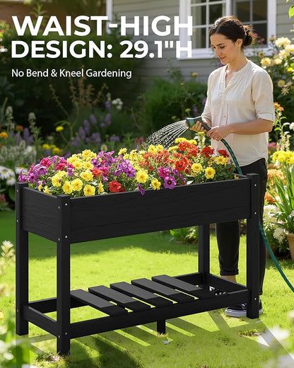 SERWALL Raised Garden Bed with Legs, 43"×17"×30" Large HDPE Elevated Planter Box for Vegetables Flower Herb Patio, All Weather Use-Black