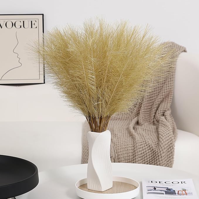 60pcs Gold Faux Pampas Grass - 24 Inch Long Pampas Grass Wall Decor, Mini Artificial Pampas Grass for Great Gatsby Party Decorations and Glam Room Decor (Gold)