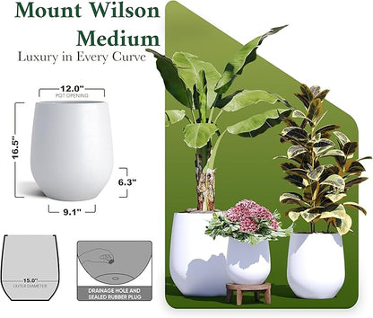 DTY Signature Mount Wilson Modern Indoor Outdoor Fiberstone Tapered Planter, Lightweight, Weather Resistant Garden Pot with Drainage Hole & Rubber Plug, Planter for Christmas Decor - White, Medium