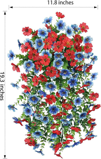 HyeFlora Faux Flowers for Outdoors Decoration, 2Pcs Artificial Fake Hanging Spring Summer Decor, Red and Blue Realistic Plants, UV & Fading Resistant Silk Flower for Porch Patio Balcony Planter Yard