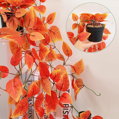 Fake Fall Plants Hanging Faux Orange Vines Artificial Potted Pothos Plant- Fall Decorations Autumn Decor for Thanksgiving Bathroom Wall Kitchen Room Decor Indoor and Outdoor (Black Pot Include)