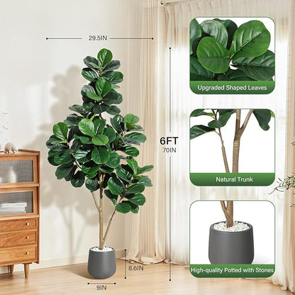 6 ft Fiddle Leaf Fig Tree Artificial with 108 Leaves - Realistic Faux Ficus Lyrata Trees in 9 in Grey Planter Pot, Indoor Fake Floor Plants for Home Office Living Room Decor, Housewarming Gift
