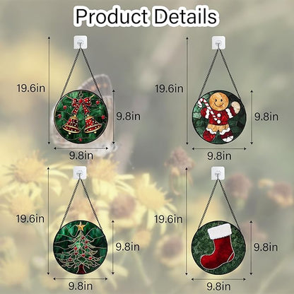 Stained Glass Window Hanging 4 Pcs Set Red Christmas Stockings and Gingerbread 9.8" - Suncatcher Door Garden Sun Catcher Decor Birthday Mother's Day Xmas Gifts for Mom Woman Nana Men