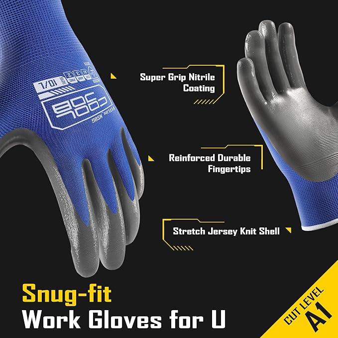 COOLJOB 10 Pairs Nitrile Dipped Safety Work Gloves with Grip, Non-slip Rubber Coated Bulk Garden Gloves for Men, Heavy-duty Oil Resistant for Truck Driver, Warehouse Box Handler, Small, Gray Blue