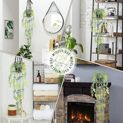 Fake Hanging Eucalyptus Plants Artificial Faux Plants Indoor Small Hanging Greenery Decor for Shelf with Black Pot Soft Green for Living Room, Kitchen, Balcony, Garden, Bedroom