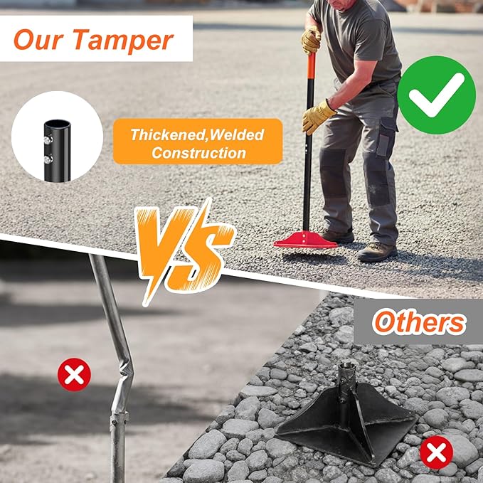 8" x 8" Steel Tamper Tool, 48" Long Handle Heavy Duty Hand Compactor for Soil, Gravel, Dirt & Asphalt, Ergonomic Ground Leveler for Pavers, Driveway Repair, Lawn & DIY Landscaping