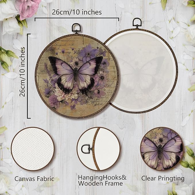 XNXLDYLH Vintage Purple Butterfly Round Framed Wall Art Decor, Purple Flower Moth Cottagecore Kitchen Bathroom Hanging Wall Decor Decorations, Rustic Antique Canvas Prints Wall Art Paintings,10x10Inch