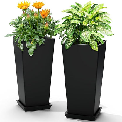 24" Tall Planters for Outdoor Plants, Set of 2 Large Outdoor Planters for Front Porch Decor with Drainage Hole, Tall Planter (Black)