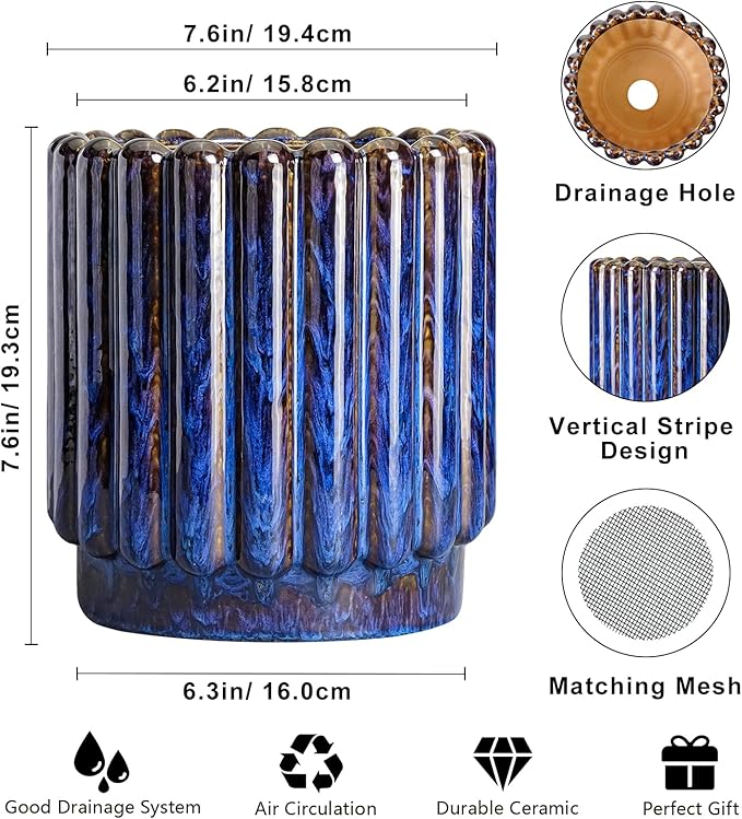 Ceramic Pots for Plants - 7.6 Inch Plant Pots Indoor with Drainage Hole, Fluted Round Ceramic Planter Outdoor, Modern Flower Planter, Home Office Living Room Decor, Garden Gifts, Blue