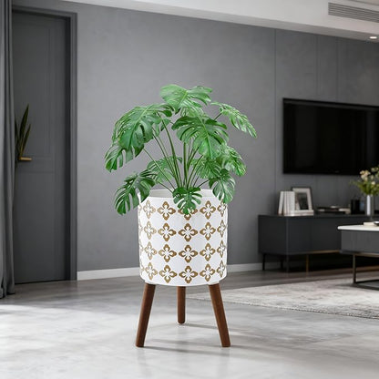 12 Inch Planter Pot with Stand, Planter for Indoor Plants, Modern Large Flower Planter Pot with Drainage Holes for Outdoor, White Gold Floral