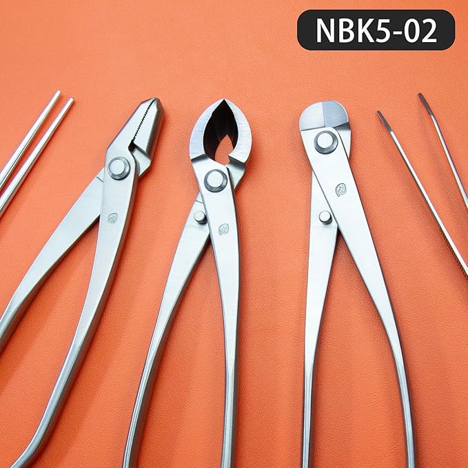 TianBonsai Bonsai Tools 5-Piece Alloy Steel Bonsai Tool Kit in Cluding 205mm Wire Cutter / 205mm Round Edge Cutter / 205mm Jin Plier / 200mm Straight Root Hook/Tweezers(NBK5-02)