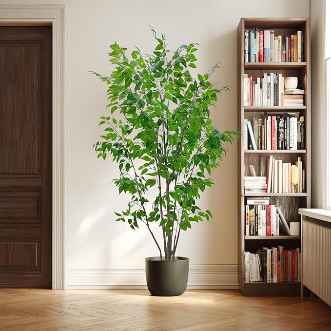 Artificial Ficus Tree with Green Leaves, 7ft Tall, Indoor Plant with Decorative Beige Planter