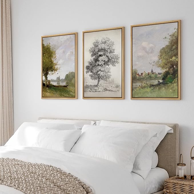 Ashbrook Framed Canvas Print Wall Art Set Forest Tree Field Nature Wilderness Illustration Fine Art Decorative Floral Botanical Garden Vintage for Living Room, Bedroom, Office - 16"x24"x3 Natural