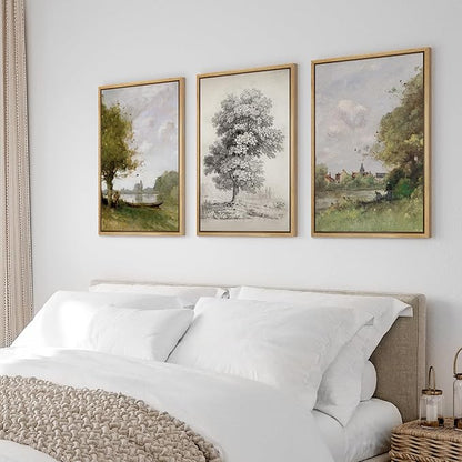 Ashbrook Framed Canvas Print Wall Art Set Forest Tree Field Nature Wilderness Illustration Fine Art Decorative Floral Botanical Garden Vintage for Living Room, Bedroom, Office - 16"x24"x3 Natural
