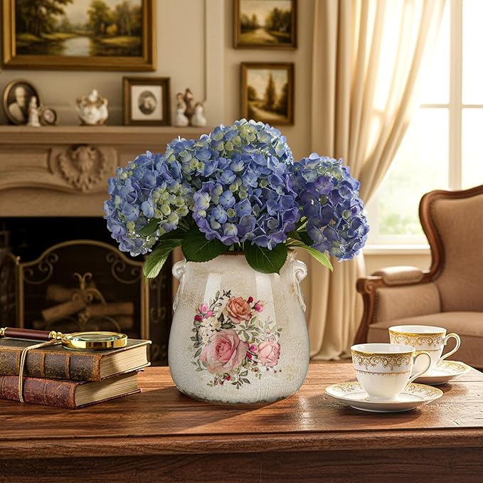 Ceramic Scroll Planter 6.5 Inch Chinoiserie Floral Vase with Drainage Holes Vintage Flower Vase Flower Pot Rustic Ceramic Pots for Indoor Plants Garden Home Bookshelf Decor(Ink Color)