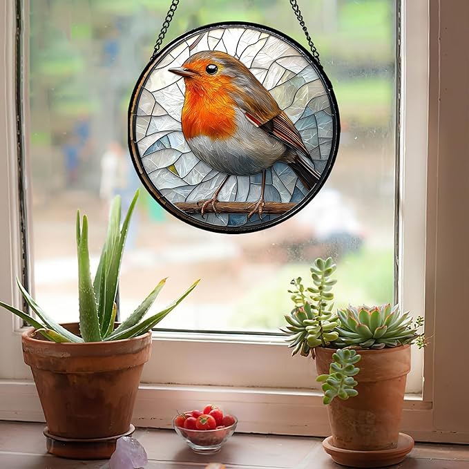 Stained Glass Window Hanging - Orange Grey Robin Sun Catcher for Door Garden Home Decor Bird Lovers Suncatcher Christmas Mother's Day Birthday Gifts for Women Men Mom Nana 9.8 in