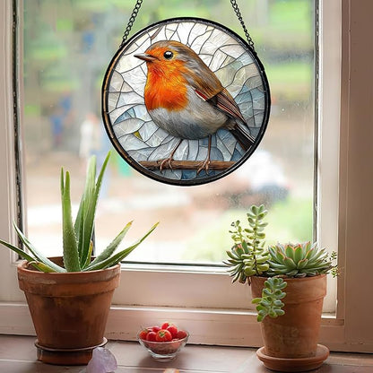 Stained Glass Window Hanging - Orange Grey Robin Sun Catcher for Door Garden Home Decor Bird Lovers Suncatcher Christmas Mother's Day Birthday Gifts for Women Men Mom Nana 6.3 in