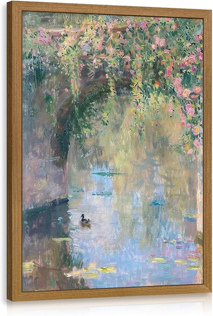 CAZLOUC Vintage Monet Floral Wall Art, Rustic Still Life Canvas Painting, Impressionist Pond Duck Wall Decor, Watercolor Botanical Landscape Poster Print for Bedroom Bathroom Wood Framed 12x16 Inch