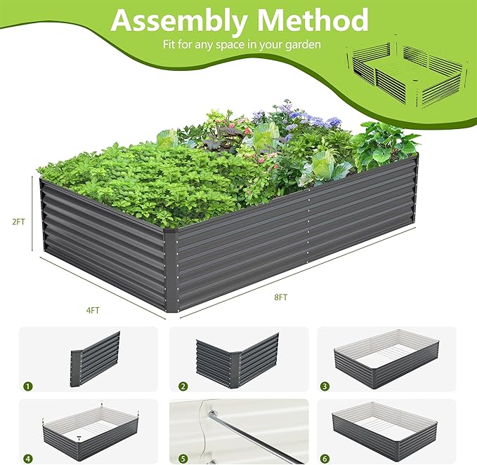 8x4x2FT Galvanized Raised Garden Bed Kit,Vegetable Boxes-Rectangle Metal Flower Box,Large Planter Raised Beds Outdoor Garden for Planting,Fruit,Herb-Grey