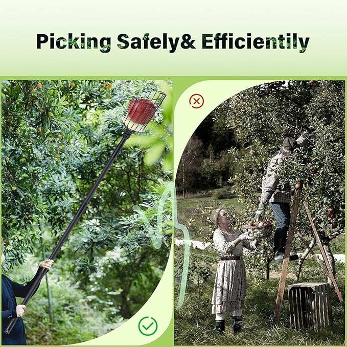 Fruit Picker Pole with Basket - 10.7FT(329CM) Adjustable Tree Gardening Supplies with Stainless Steel Handle Apple Picker Fruit Grabber Reach Tool for Mango Pear Orange Avocados Fruit Picking, Black