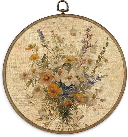 MAQIKA Bohemian White Flower Framed Wall Art Decor, Botanical Wall Art, Boho Floral Bouquet Round Wall Hanging Decor, Vintage Wildflower Canvas Prints Wall Art for Nursery Room Bedroom, 10x10 Inch