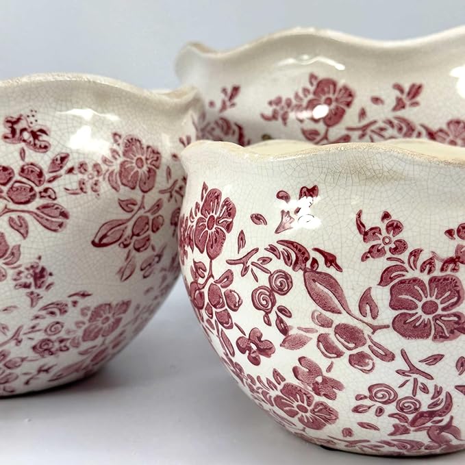 Galt International Ceramic Plant Pots Set of 3 Rustic Vintage Farmhouse Cream Crackle Glaze (11"/ 9.6"/ 7") Garden Indoor Outdoor Flower Planter w/Drainage Hole (Vintage Red)