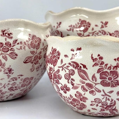 Galt International Ceramic Plant Pots Set of 3 Rustic Vintage Farmhouse Cream Crackle Glaze (11"/ 9.6"/ 7") Garden Indoor Outdoor Flower Planter w/Drainage Hole (Vintage Red)