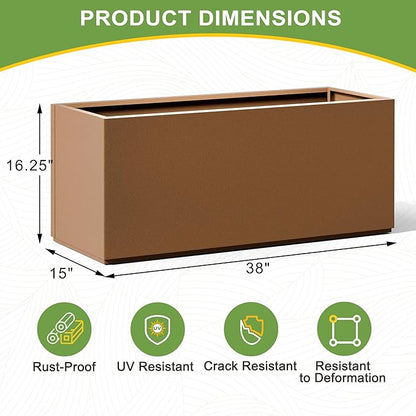 Metal Planter Box Rectangular Planter Box with Drainage Hole, Outdoor Large Planters, All-Weather Use, Rust-Resistance, for Flowers Plants, 38" L × 15" W × 16.3" H, Brown