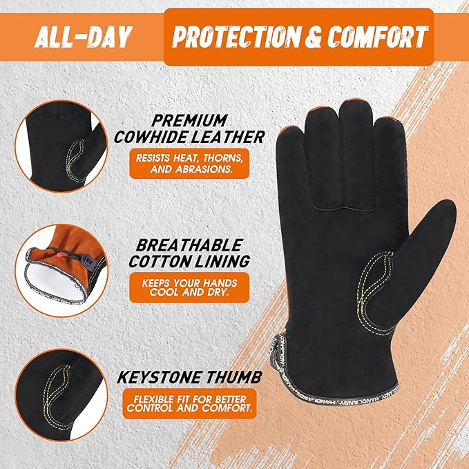 HLDD HANDLANDY 2 Pairs Leather Work Gloves for Men & Women, Reinforced Durable Palm for Welding, Farm, Gardening, Driving