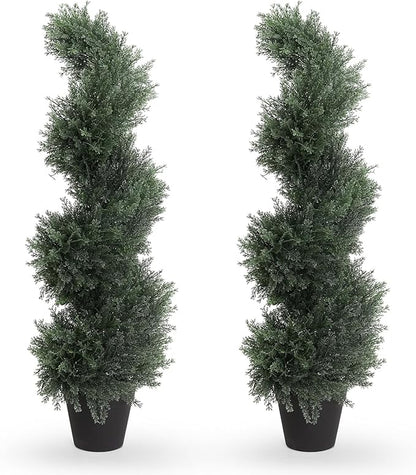 THE BLOOM TIMES 3ft Spiral Artificial Topiary Trees Set of 2, 36 inch Faux Cedar Trees for Outdoor Planters - Fake Twist Cypress Plants for Garden Front Porch Indoor Outside Christmas Decor 3 Foot