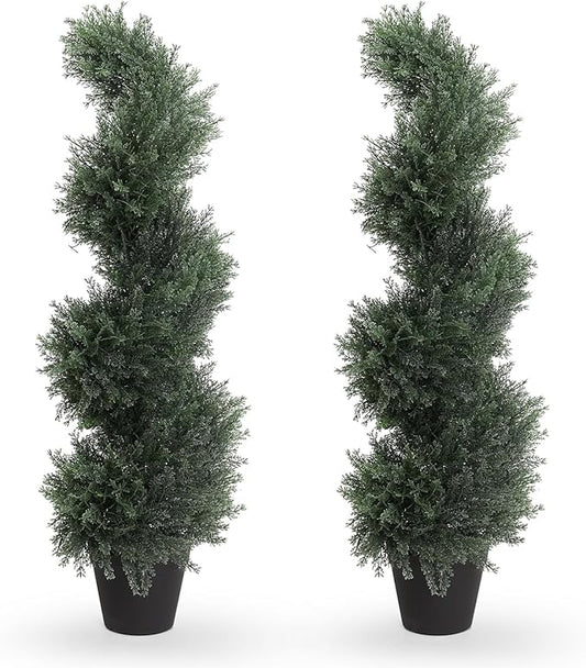 THE BLOOM TIMES 3ft Spiral Artificial Topiary Trees Set of 2, 36 inch Faux Cedar Trees for Outdoor Planters - Fake Twist Cypress Plants for Garden Front Porch Indoor Outside Christmas Decor 3 Foot