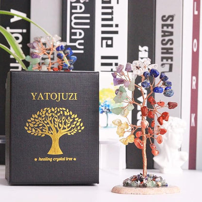 7 Chakra Healing Crystal Tree of Life Natural Gemstone Agate Slice Base Copper Wire Wrapped Money Trees Feng Shui Reiki Spiritual Energy Decorations Home Office Room Desk Decor Gifts for Women Men