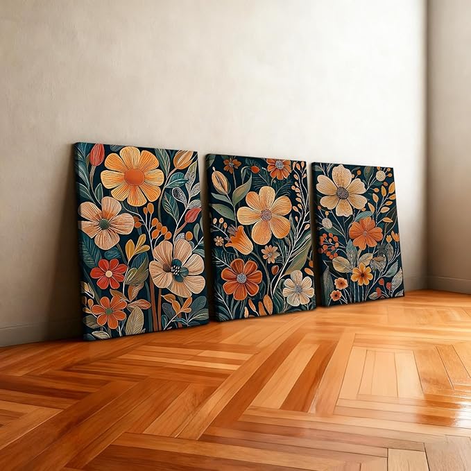 Kdyudo 3 pcs Vintage Orange Floral Framed Canvas Wall Art, Medieval Modern Floral Paintings, Natural Botanical Artwork, Bohemian Neutral Botanical Decorative Artwork, Living Room, Office, Office, 16x24 Inch