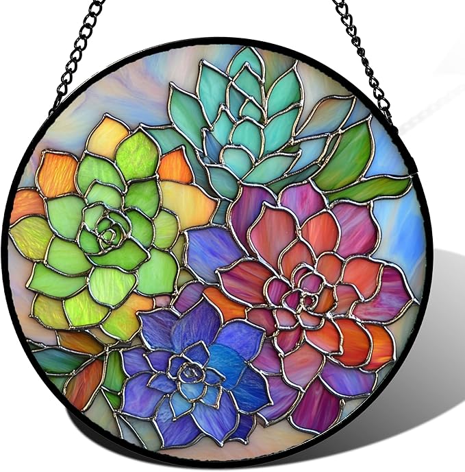 Stained Glass Window Hanging Colorful Succulents Large 15" - Flowers Suncatcher Door Garden Sun Catcher Home Decor Birthday Christmas for Mom Men Woman Friends Nana Wife