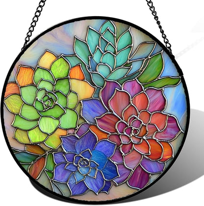 Stained Glass Window Hanging Colorful Succulents Large 11.8" - Flowers Suncatcher Door Garden Sun Catcher Home Decor Birthday Christmas for Mom Men Woman Friends Nana Wife