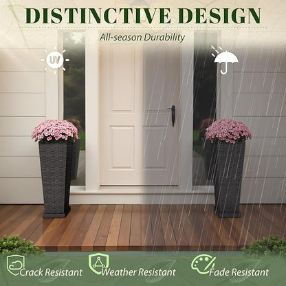 JUMMICO Set of 2 Resin Rattan Tall Planters for Outdoor Plants, Large Tapered Planters with Drainage Holes, Inner Trays and Outer Saucers, Flower Pots for Garden, Patio, Porch, Backyard (Black, 24")
