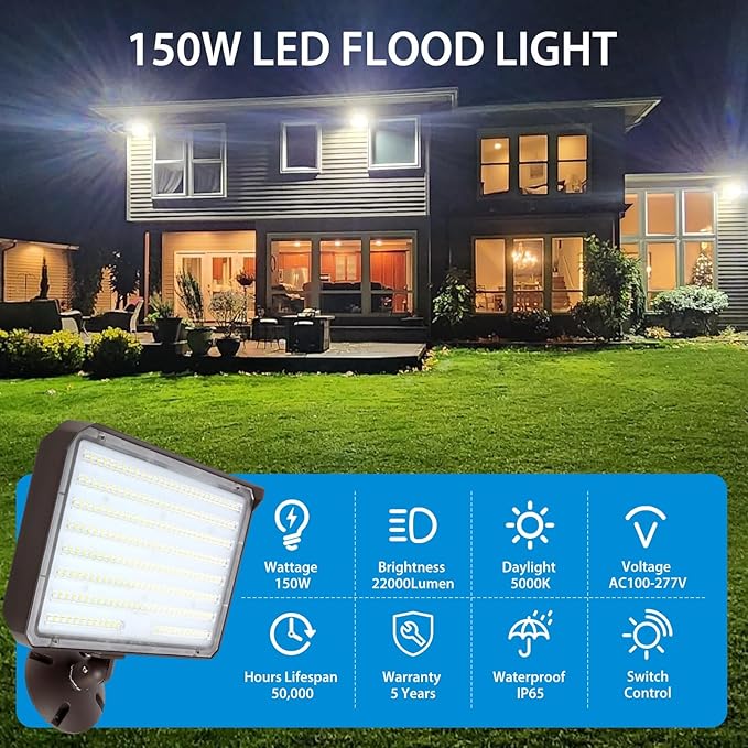 150W LED Flood Light Outdoor Knuckle, Switch Controlled Floodlight with Plate,5000K 22000Lm IP65 Waterproof Outdoor Security Lights for Yard Garden Garage,ETL Listed