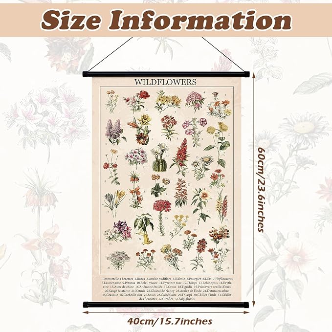 Geyee Wildflowers Vintage Poster Wall Decor Rustic Hanging Art Illustrative Reference Chart Prints Picture for Living Room Office Classroom Bedroom Frame, 15.8 x 23.6 Inch