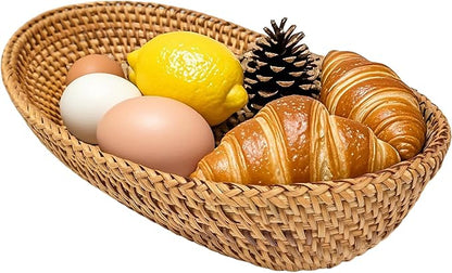 i-lan Large Size Handmand Oval Bread Serving Basket, Natural Rattan Fruit Bowl, Coffee Table Tray for Food Storage, Snack, Vegetable, Honey Brown （L: 12.5")
